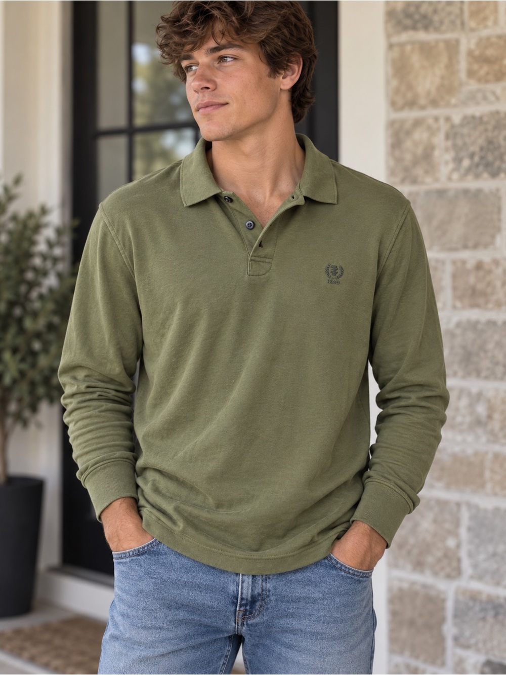 Izod Men's Casual Streetwear Preppy Olive Green Long-Sleeve Polo. Size M